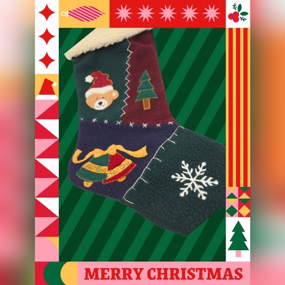 Vintage Holiday Christmas Stocking Santa Teddy Snowflake Bells Christmas Tree - Picture 3 of 6